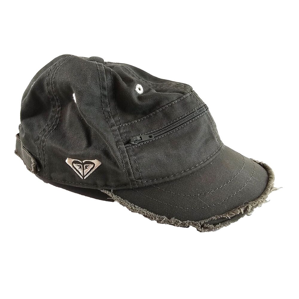 Roxy Hat Women Green Distressed Baseball Zip Pocket Y2K Surf Beach Army Military
